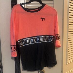 PINK Victoria's Secret Neon Coral & Black Colorblock Long Sleeve Tee